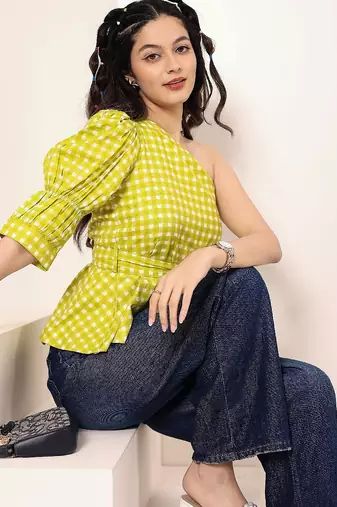 Navy blue tropical print angrakha style cotton kurta top