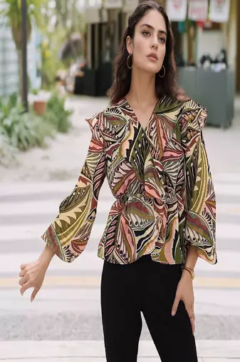 Navy blue tropical print angrakha style cotton kurta top