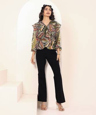 Navy blue tropical print angrakha style cotton kurta top 2