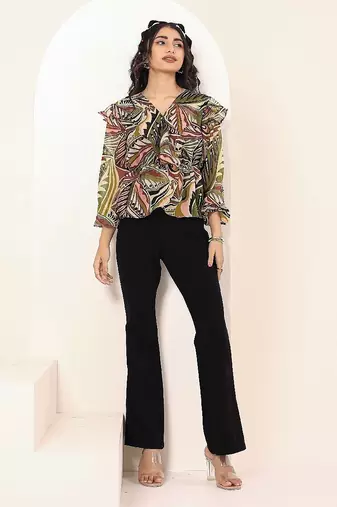Navy blue tropical print angrakha style cotton kurta top
