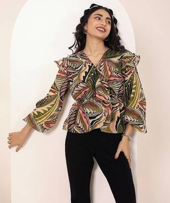 Navy blue tropical print angrakha style cotton kurta top 3
