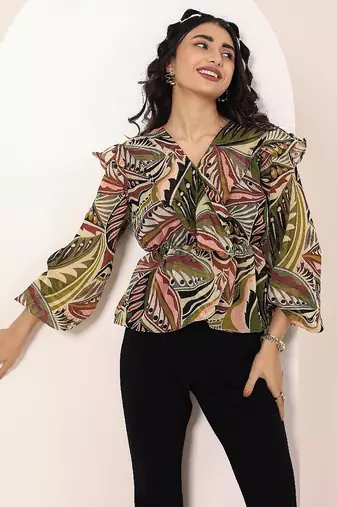 Navy blue tropical print angrakha style cotton kurta top