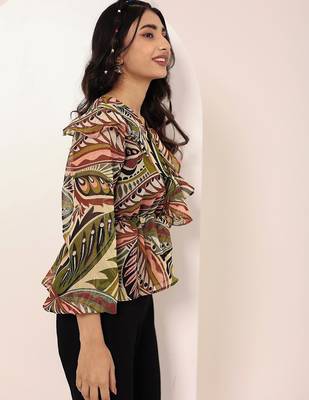 Navy blue tropical print angrakha style cotton kurta top 4