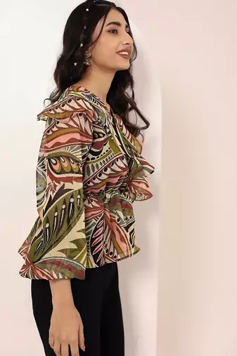 Navy blue tropical print angrakha style cotton kurta top