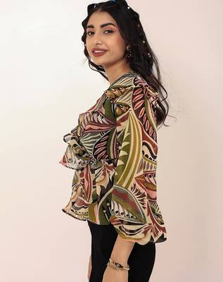 Navy blue tropical print angrakha style cotton kurta top 5