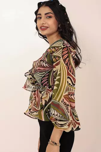 Navy blue tropical print angrakha style cotton kurta top