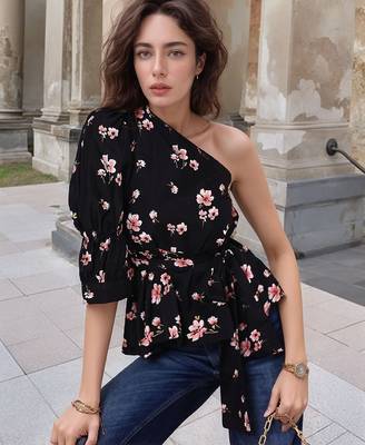 Navy blue tropical print angrakha style cotton kurta top 1