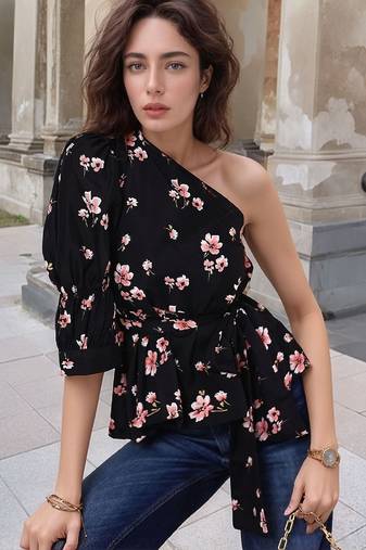 Navy blue tropical print angrakha style cotton kurta top