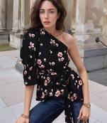 Navy blue tropical print angrakha style cotton kurta top