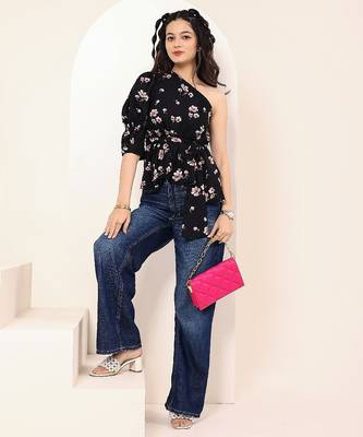 Navy blue tropical print angrakha style cotton kurta top 2