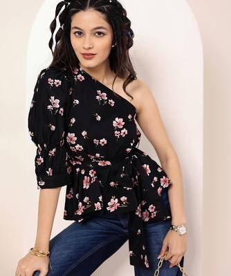 Navy blue tropical print angrakha style cotton kurta top 3