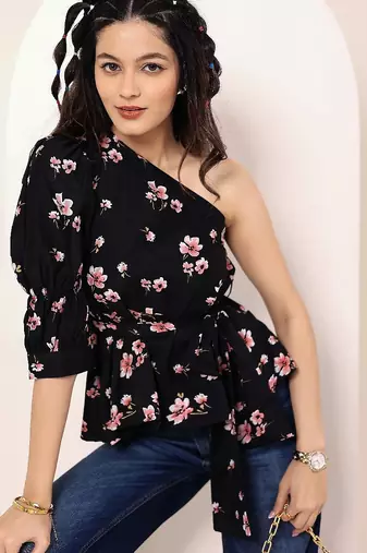 Navy blue tropical print angrakha style cotton kurta top