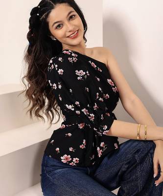 Navy blue tropical print angrakha style cotton kurta top 5