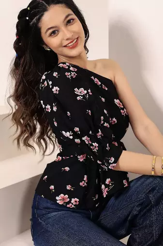Navy blue tropical print angrakha style cotton kurta top