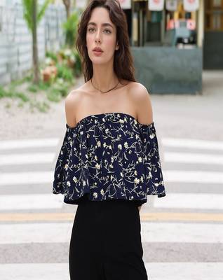 Navy blue tropical print angrakha style cotton kurta top 1