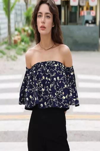 Navy blue tropical print angrakha style cotton kurta top