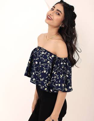 Navy blue tropical print angrakha style cotton kurta top 2
