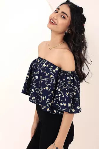 Navy blue tropical print angrakha style cotton kurta top