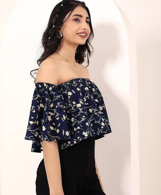 Navy blue tropical print angrakha style cotton kurta top 3