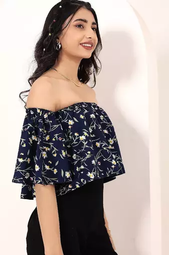 Navy blue tropical print angrakha style cotton kurta top