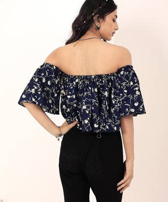 Navy blue tropical print angrakha style cotton kurta top 4