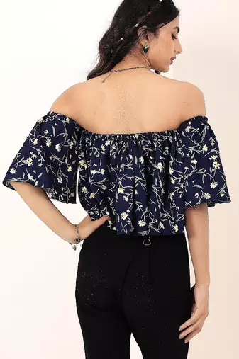 Navy blue tropical print angrakha style cotton kurta top