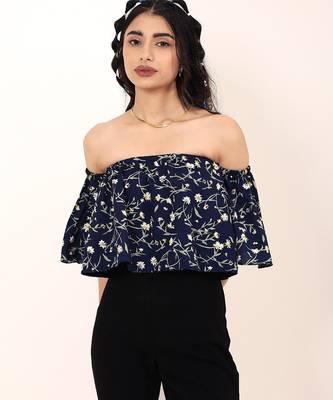 Navy blue tropical print angrakha style cotton kurta top 5