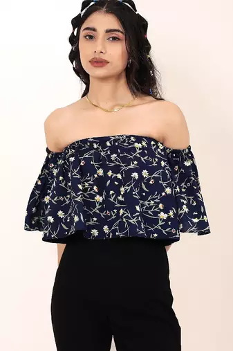 Navy blue tropical print angrakha style cotton kurta top