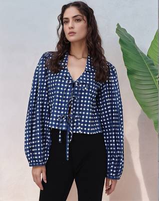 Navy blue tropical print angrakha style cotton kurta top 1