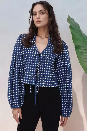 Navy blue tropical print angrakha style cotton kurta top