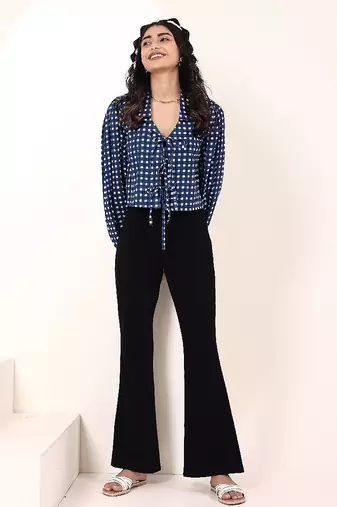 Navy blue tropical print angrakha style cotton kurta top
