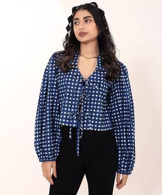 Navy blue tropical print angrakha style cotton kurta top 3