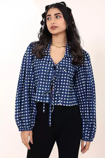 Navy blue tropical print angrakha style cotton kurta top