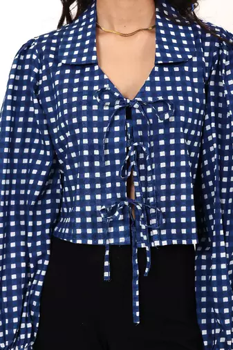 Navy blue tropical print angrakha style cotton kurta top