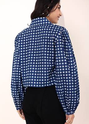 Navy blue tropical print angrakha style cotton kurta top 5