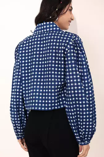 Navy blue tropical print angrakha style cotton kurta top