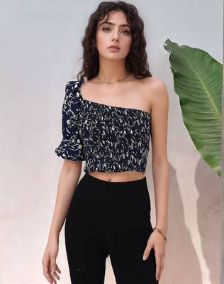 Navy blue tropical print angrakha style cotton kurta top 1