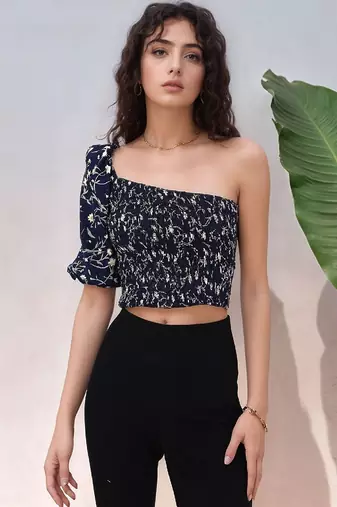 Navy blue tropical print angrakha style cotton kurta top