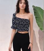 Navy blue tropical print angrakha style cotton kurta top