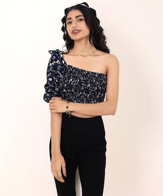 Navy blue tropical print angrakha style cotton kurta top 2
