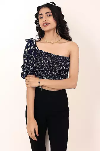 Navy blue tropical print angrakha style cotton kurta top