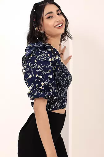 Navy blue tropical print angrakha style cotton kurta top