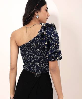 Navy blue tropical print angrakha style cotton kurta top 5