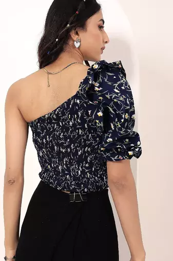 Navy blue tropical print angrakha style cotton kurta top