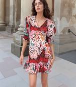 Navy blue tropical print angrakha style cotton kurta top