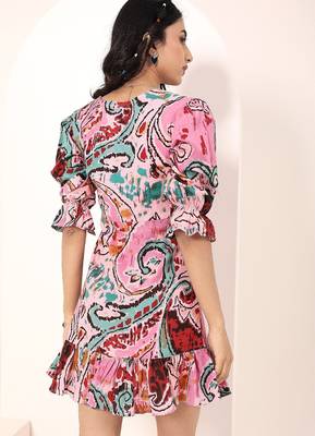 Navy blue tropical print angrakha style cotton kurta top 5