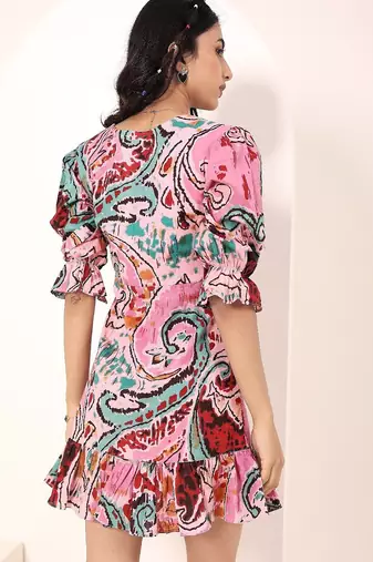 Navy blue tropical print angrakha style cotton kurta top