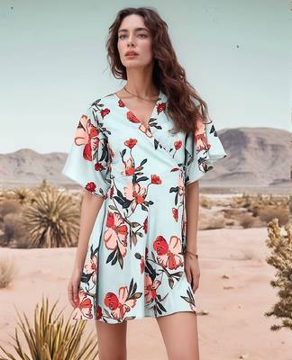 Navy blue tropical print angrakha style cotton kurta top 1