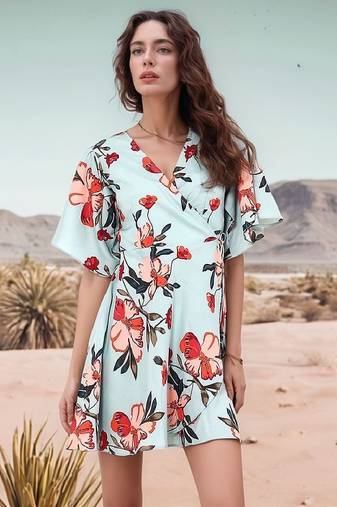 Navy blue tropical print angrakha style cotton kurta top