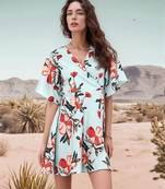 Navy blue tropical print angrakha style cotton kurta top